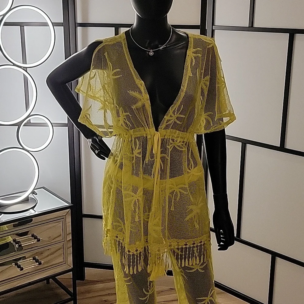 MIKEN Swim | 2-piece | Mesh Swimsuit Coverup | Sz. S | Mustard | NWOT + Swim top - Picture 14 of 17